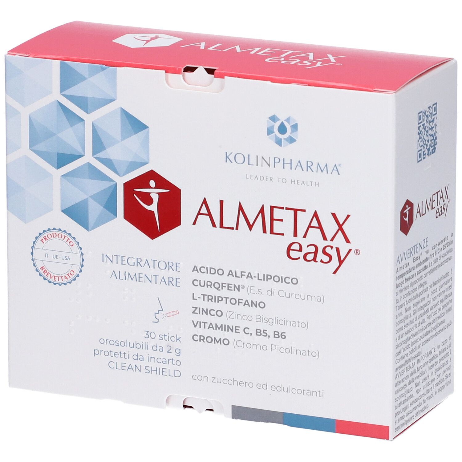 Scatola KOLINPHARMA® ALMETAX Easy®. Contiene 30 stick. Scritto: Integratore Alimentare, ingredienti.