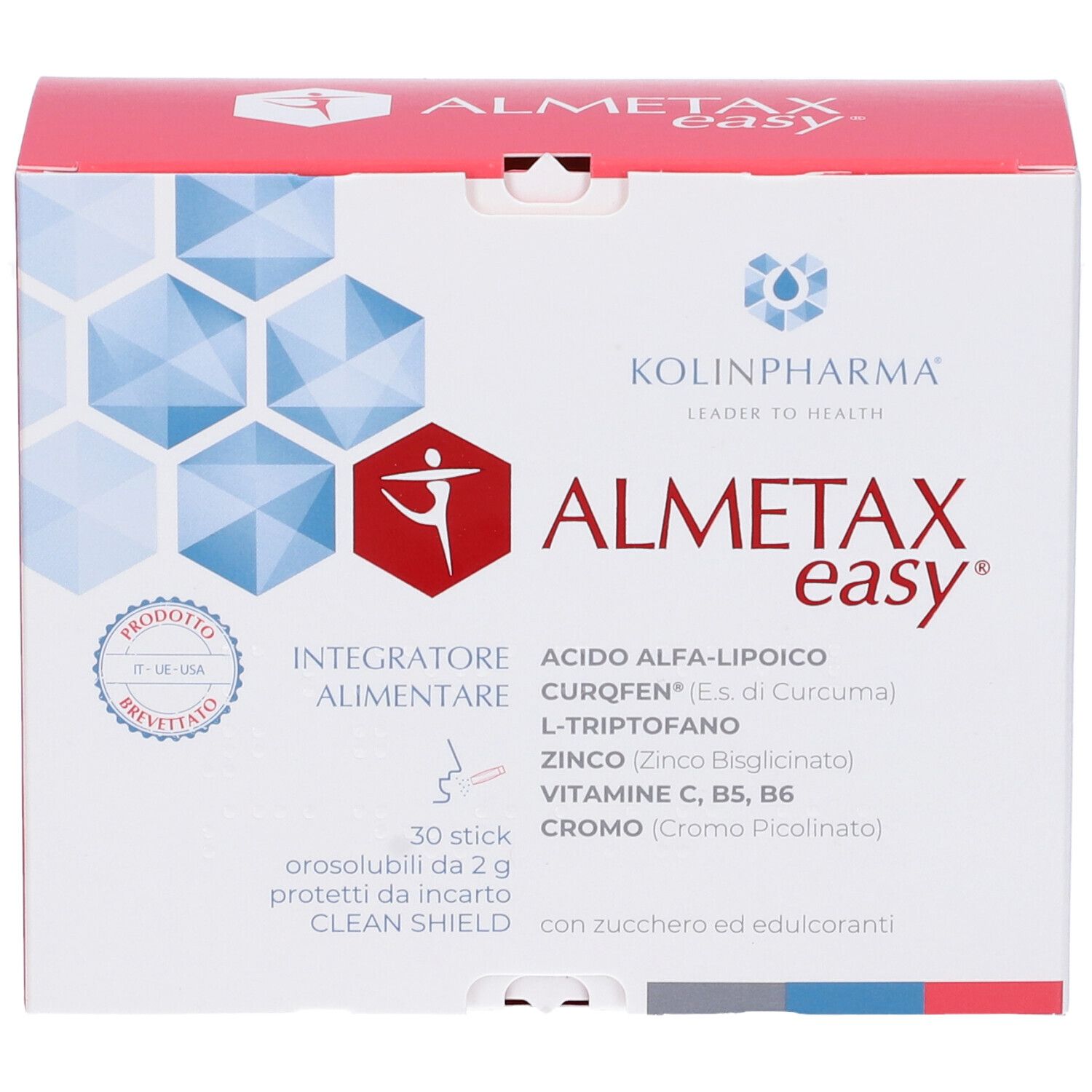 Scatola KOLINPHARMA® ALMETAX Easy®. Contiene 30 stick. Scritto: Integratore Alimentare, ingredienti.