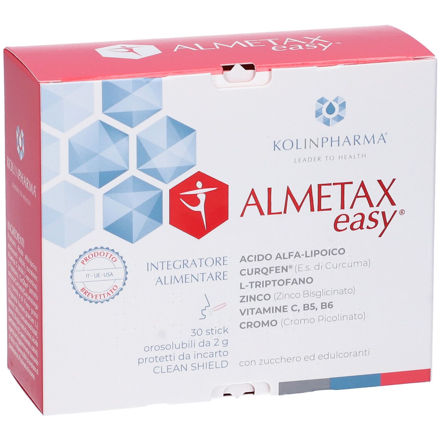 Scatola KOLINPHARMA® ALMETAX Easy®. Contiene 30 stick. Scritto: Integratore Alimentare, ingredienti.