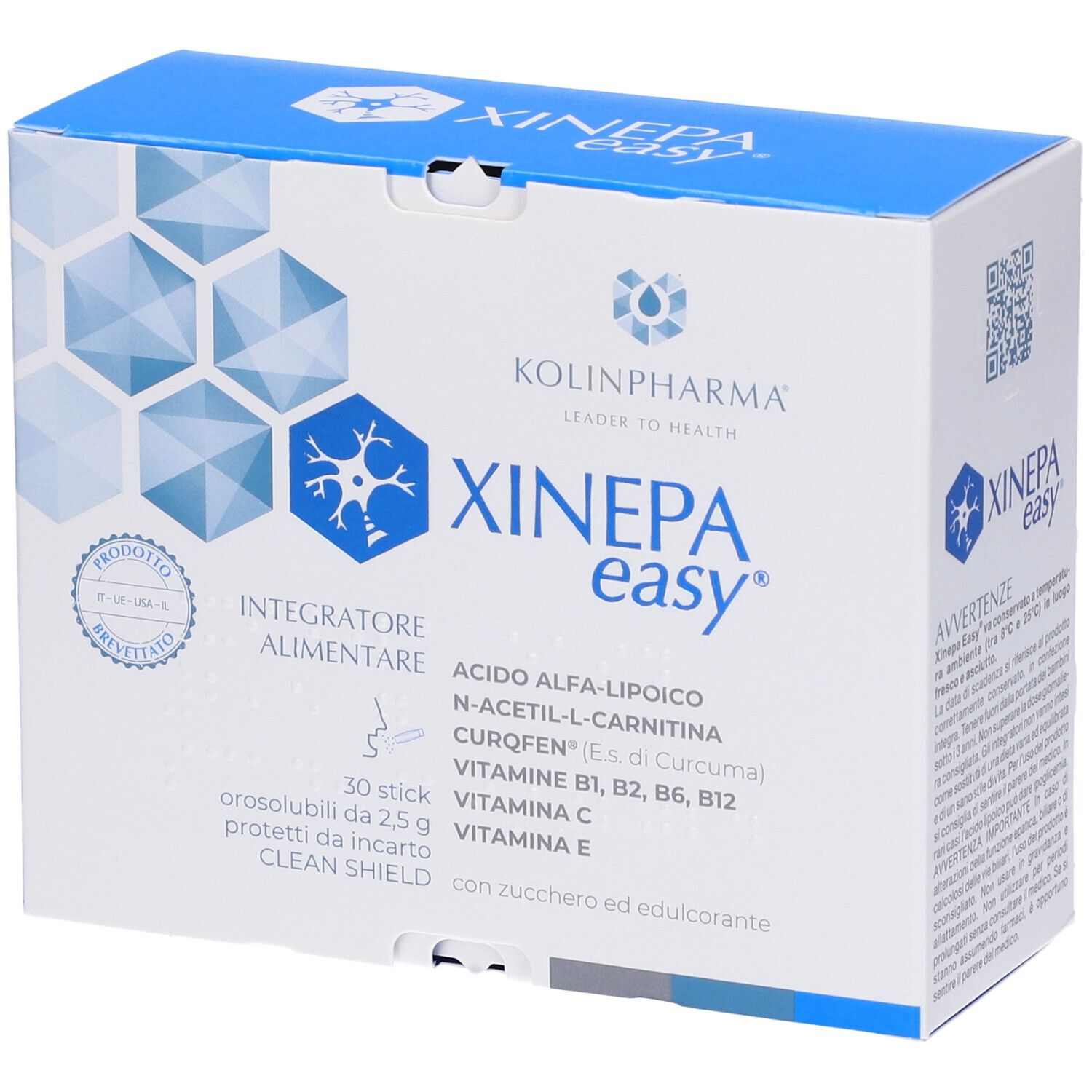 Scatola di XINEPA easy. Confezione blu e bianca con informazioni e logo. Contiene 30 stick.