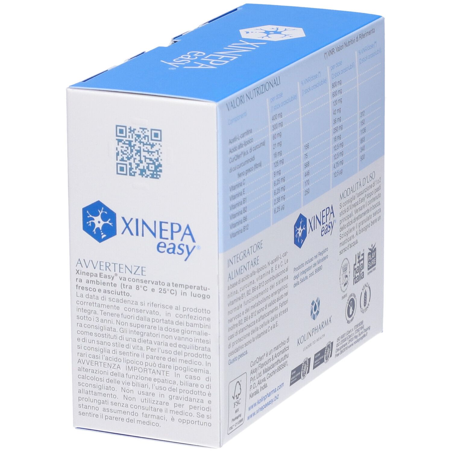 Scatola di XINEPA easy. Confezione blu e bianca con informazioni nutrizionali e logo. Avvertenze sul lato.