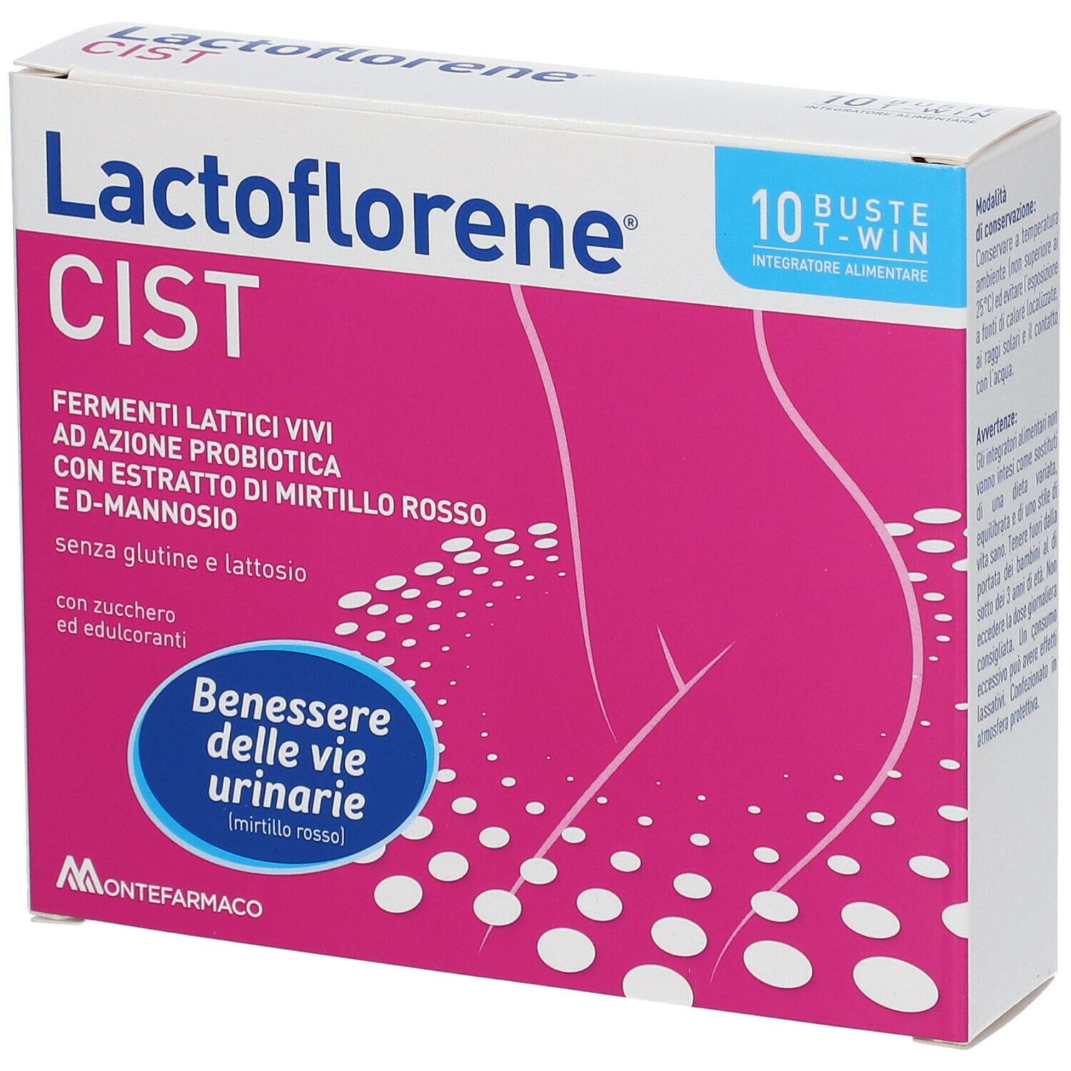 Scatola Lactoflorene Cist, design rosa e bianco. Contiene 10 bustine. Testo: Fermenti Lattici Vivi, con estratto di mirtillo rosso e D-mannosio.