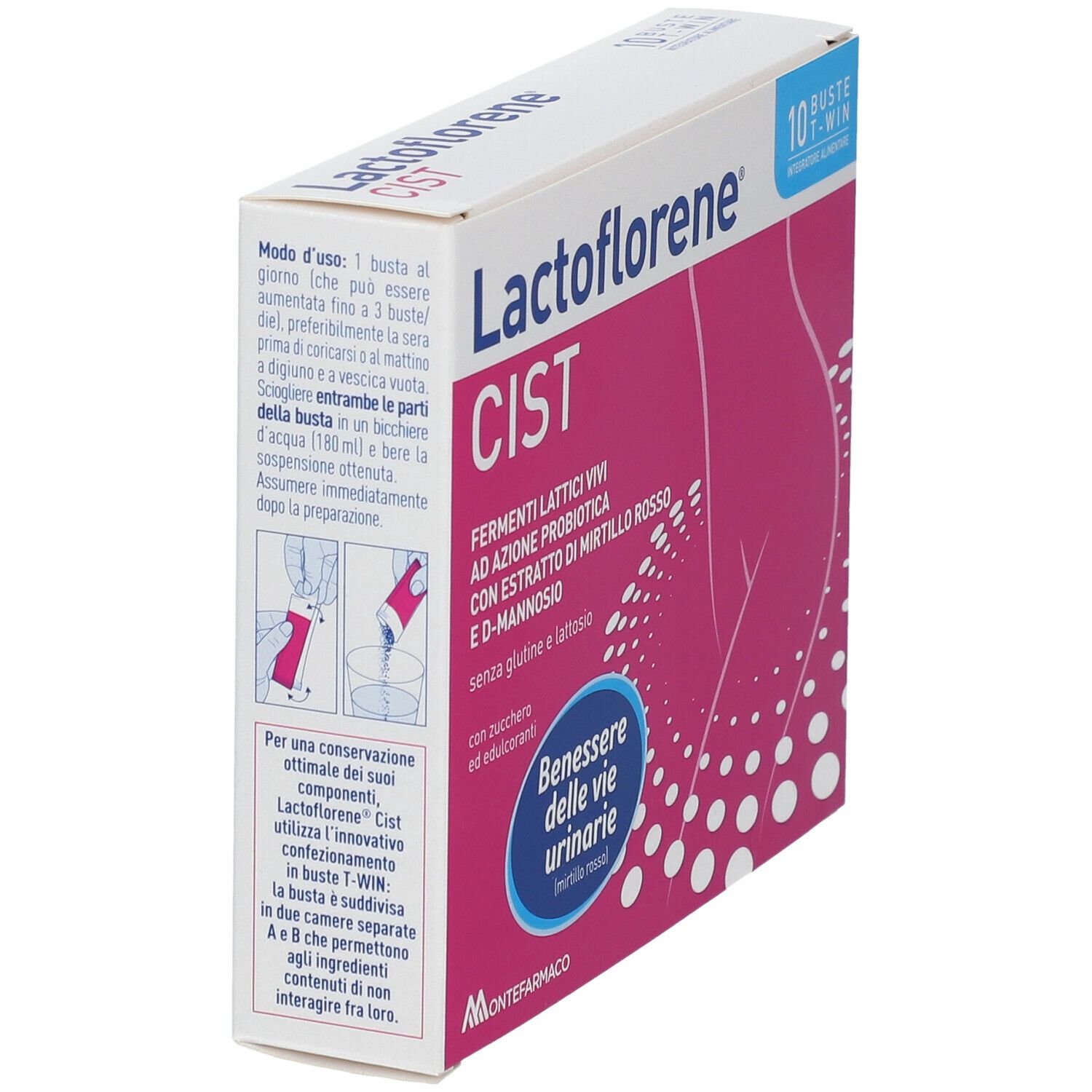 Scatola Lactoflorene Cist, design rosa e bianco. Contiene 10 bustine. Testo: Fermenti Lattici Vivi, con estratto di mirtillo rosso e D-mannosio.