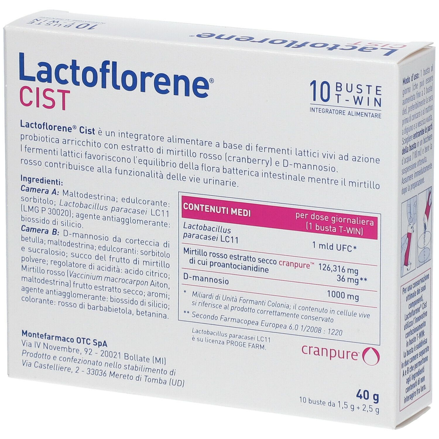 Scatola Lactoflorene Cist, vista obliqua. Contiene 10 bustine. Testo: Fermenti Lattici Vivi, con estratto di mirtillo rosso e D-mannosio. Ingredienti.