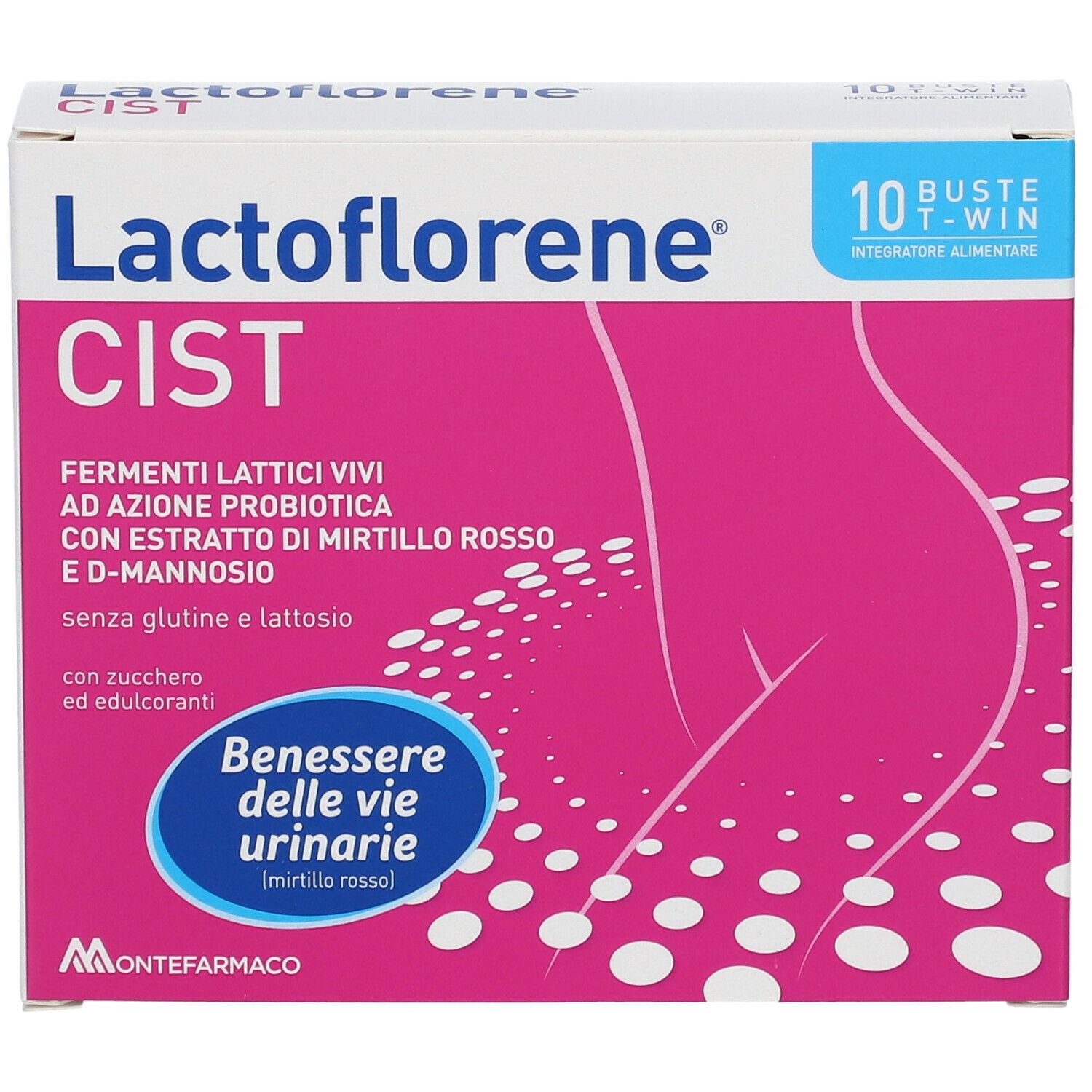Scatola Lactoflorene Cist, design rosa e bianco. Contiene 10 bustine. Testo: Fermenti Lattici Vivi, con estratto di mirtillo rosso e D-mannosio.