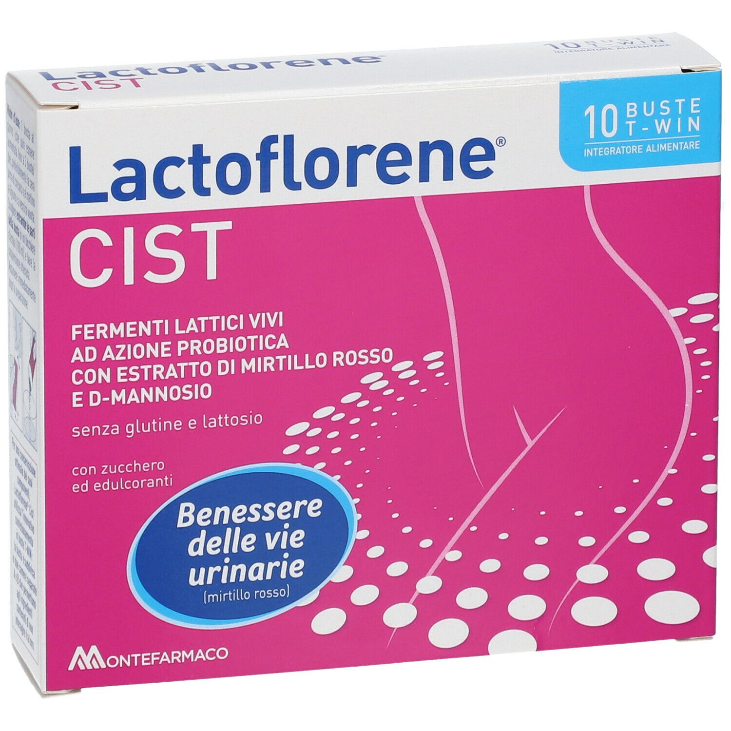 Scatola Lactoflorene Cist, design rosa e bianco. Contiene 10 bustine. Testo: Fermenti Lattici Vivi, con estratto di mirtillo rosso e D-mannosio.