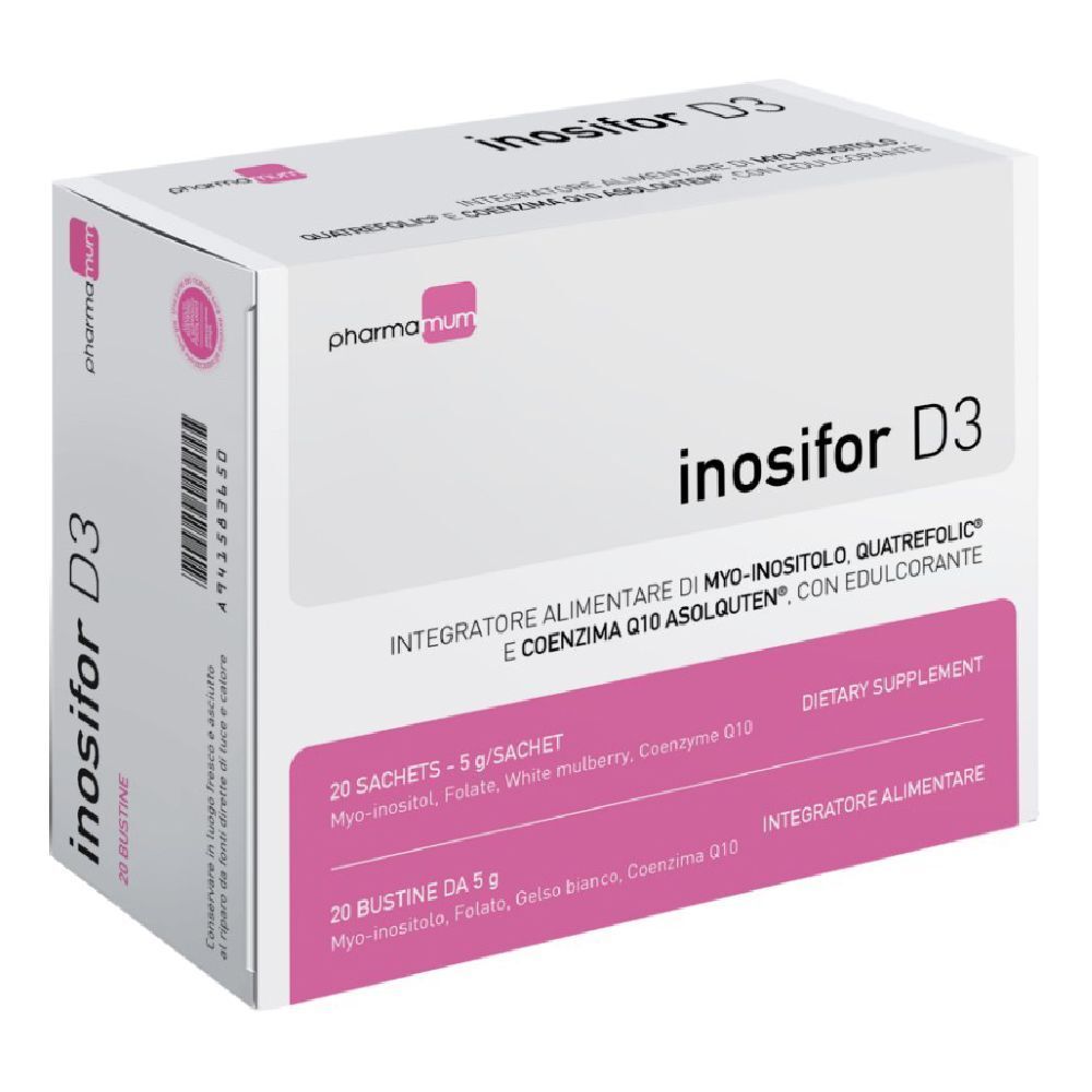 Scatola "Inosifor D3". Bianca, dettagli rosa, informazioni prodotto. Marca: pharma mum.