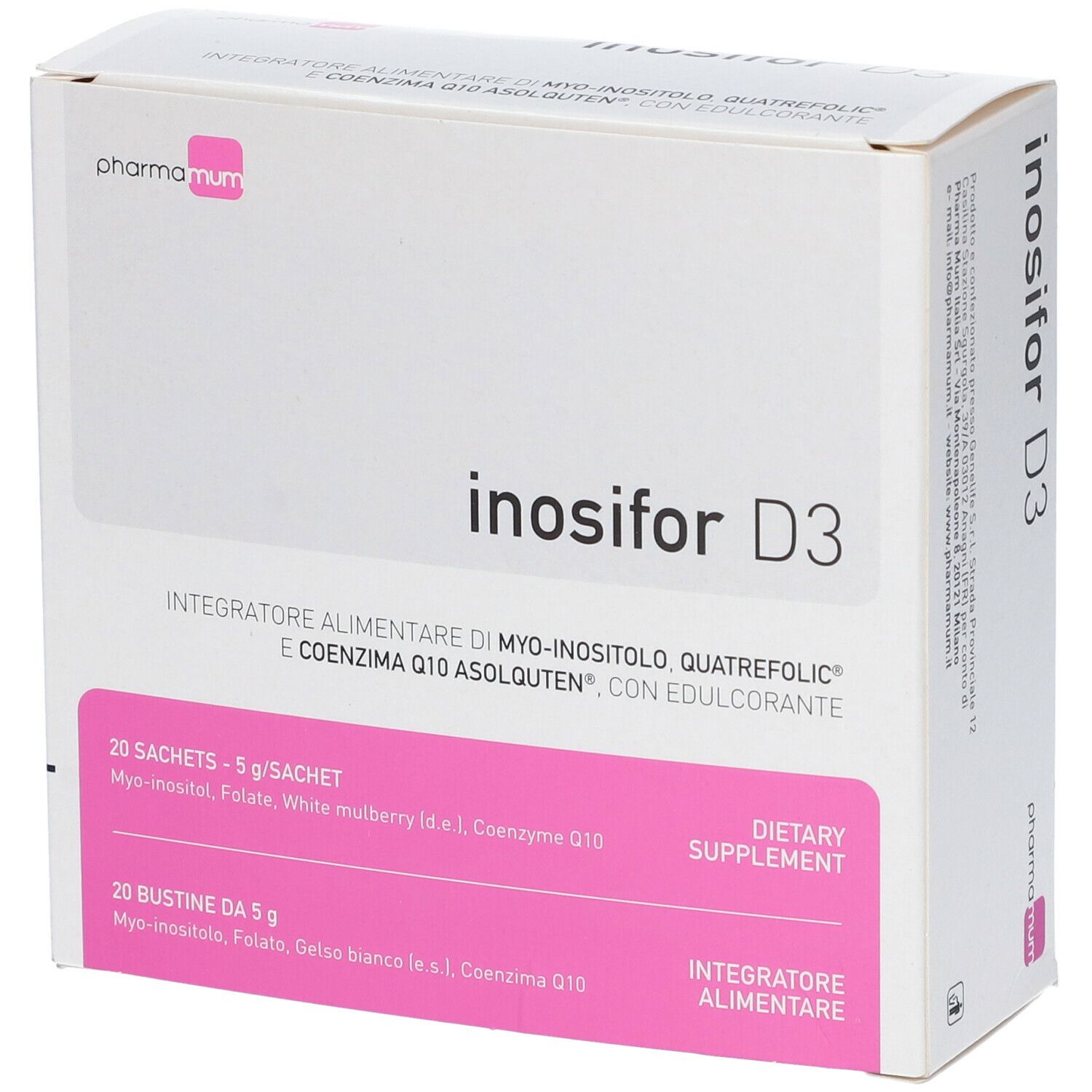 Scatola bianca "Inosifor D3" con fascia rosa e informazioni prodotto. Marca: pharma mum.
