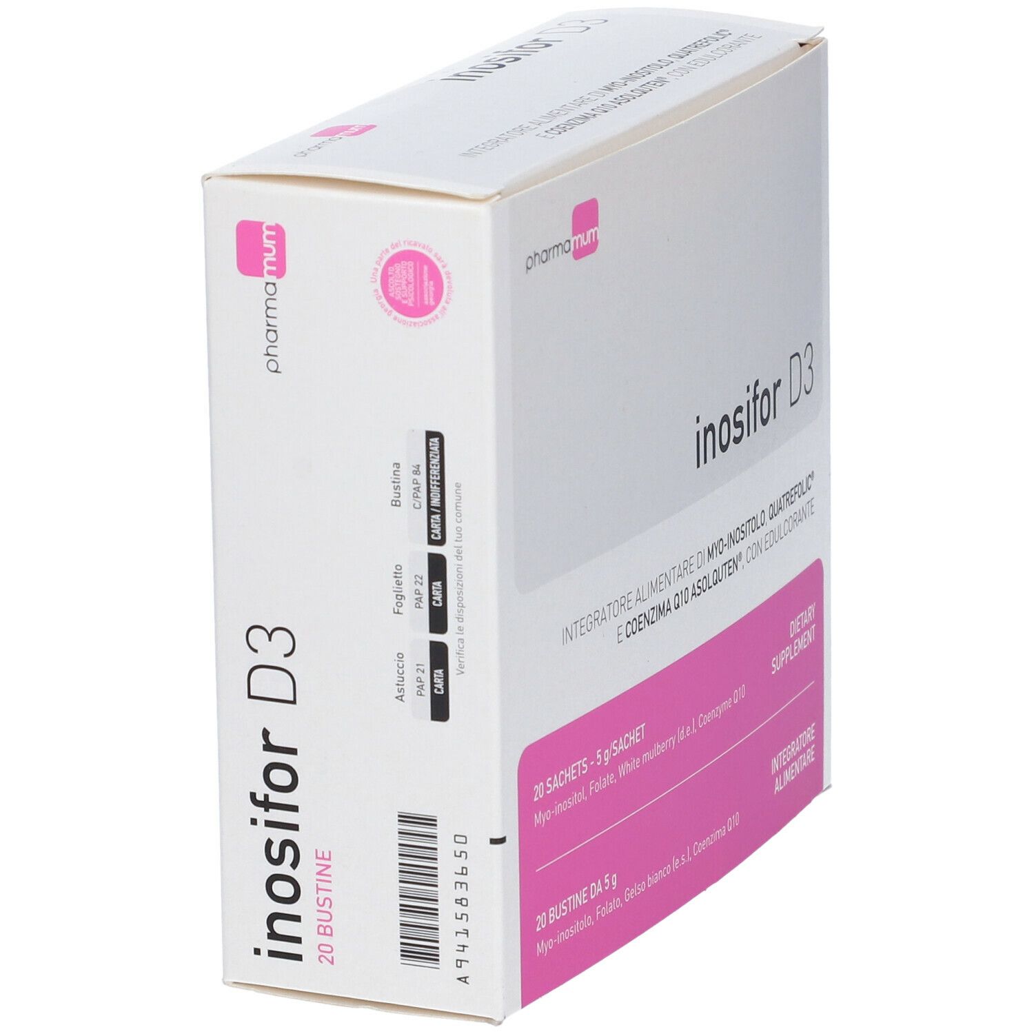 Scatola "Inosifor D3". Bianca con dettagli rosa. Contiene 20 bustine. Marca: pharma mum.