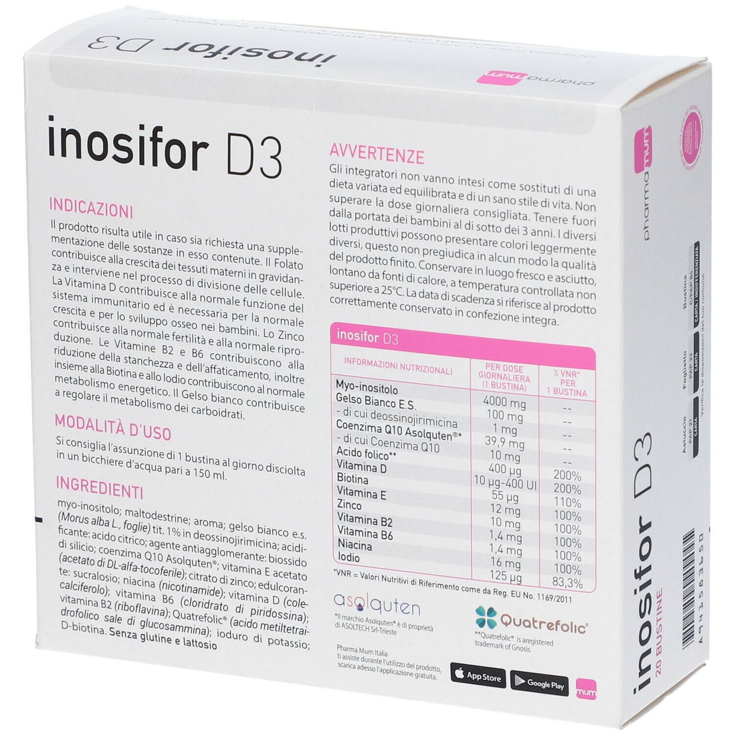 Scatola "Inosifor D3" con informazioni e tabella nutrizionale. Marca: pharma mum.