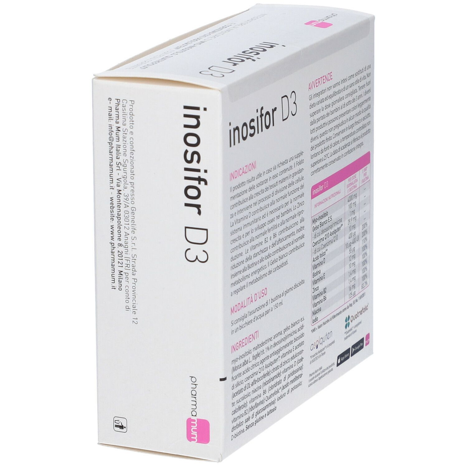Scatola "Inosifor D3" con informazioni prodotto. Marca: pharma mum.