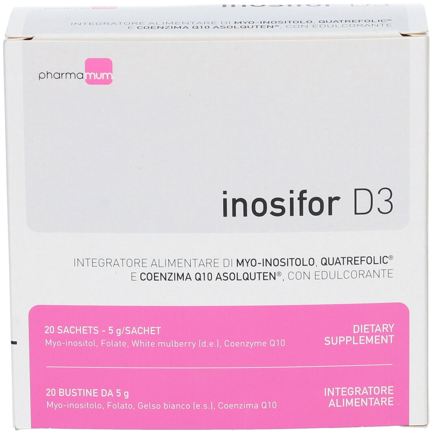 Scatola "Inosifor D3" con informazioni prodotto. Marca: pharma mum.