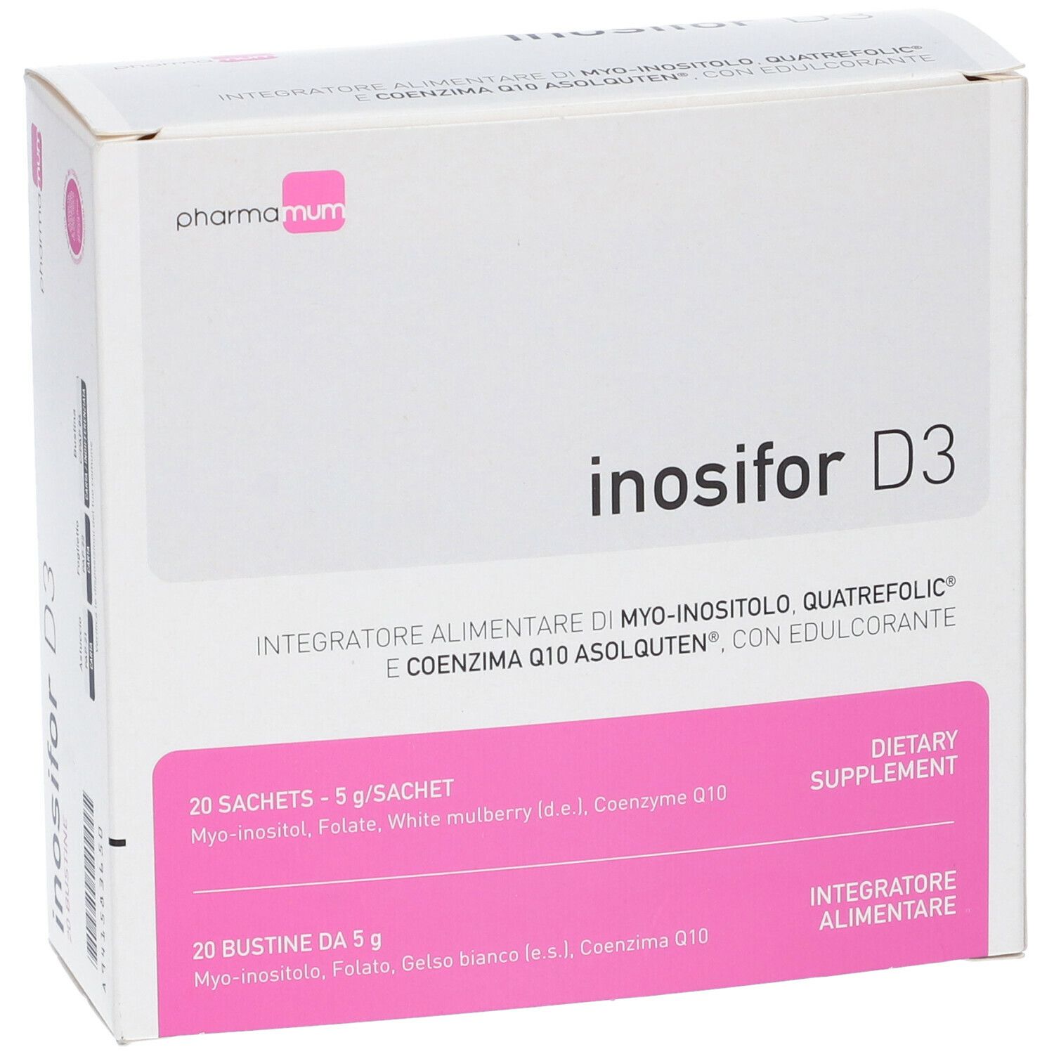 Scatola "Inosifor D3". Bianca con dettagli rosa. Contiene 20 bustine. Marca: pharma mum.