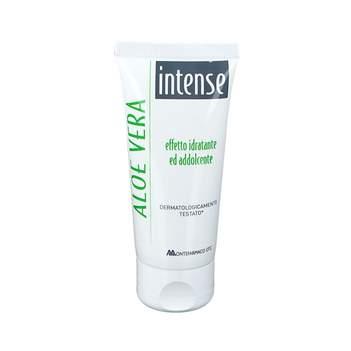 Tubo bianco con stampa verde Aloe Vera e nome del prodotto. Testo: 'effetto idratante ed addolcente'.