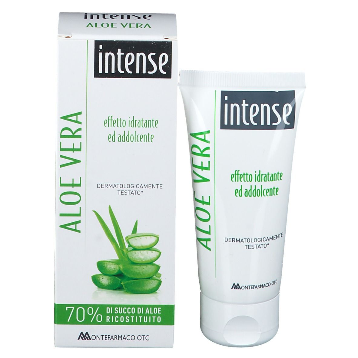 Confezione del prodotto con tubo e scatola. Scatola con motivo Aloe Vera e nome del prodotto. Testo: '70% di succo di aloe ricostituito'.