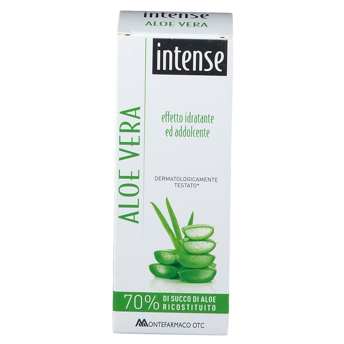 Confezione in cartone con motivo Aloe Vera e nome del prodotto. Testo: '70% di succo di aloe ricostituito'.