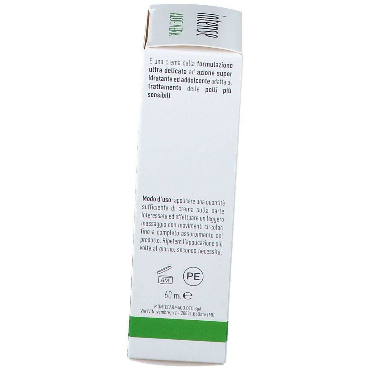 Vista laterale della confezione in cartone. Testo: '60 ml'. Istruzioni e ingredienti.