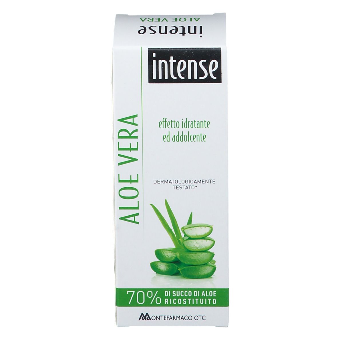 Confezione in cartone con motivo Aloe Vera e nome del prodotto. Testo: '70% di succo di aloe ricostituito'.