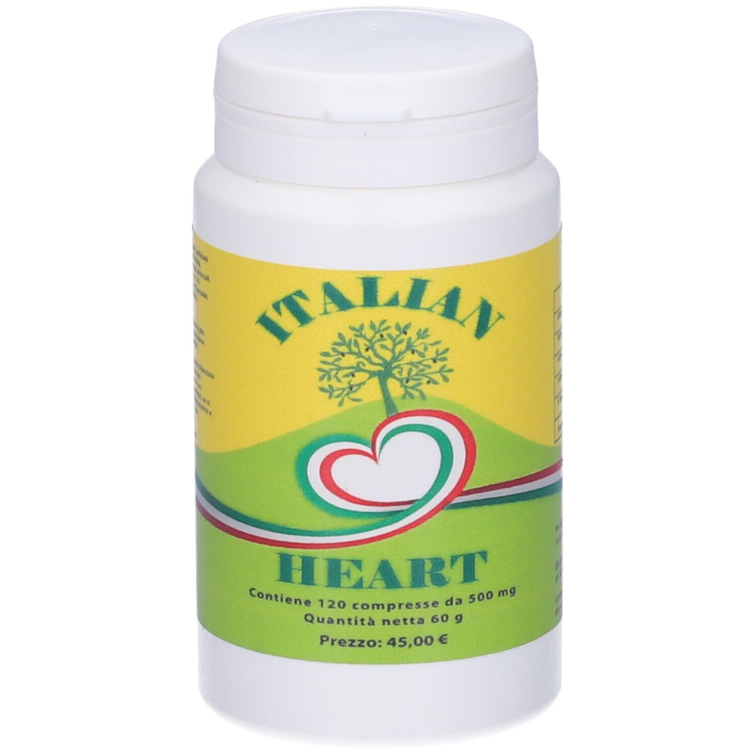 Flacone di compresse bianco con etichetta gialla. Scritta: ITALIAN HEART. Contiene 120 compresse. Prezzo: 45,00 €.