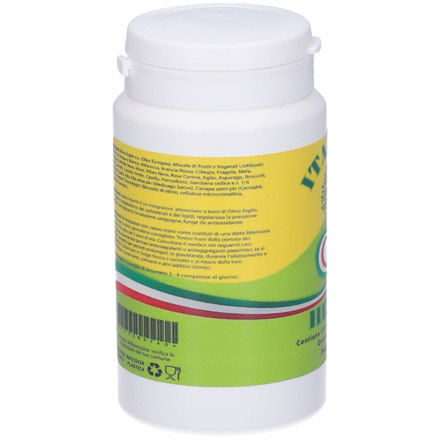 Retro del flacone di compresse. Etichetta gialla con ingredienti e informazioni. Codice a barre e simboli di riciclaggio.
