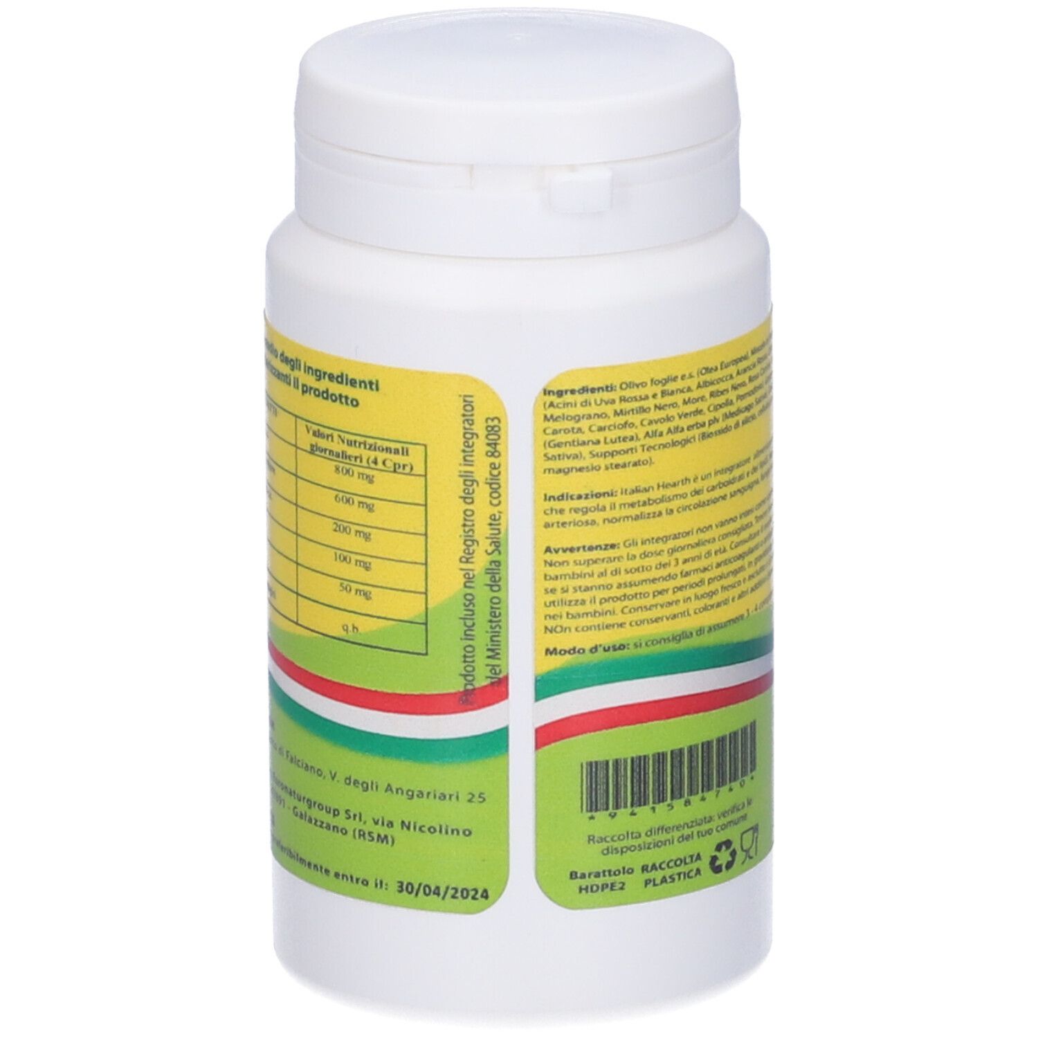 Retro del flacone di compresse. Etichetta gialla con informazioni nutrizionali e del produttore.