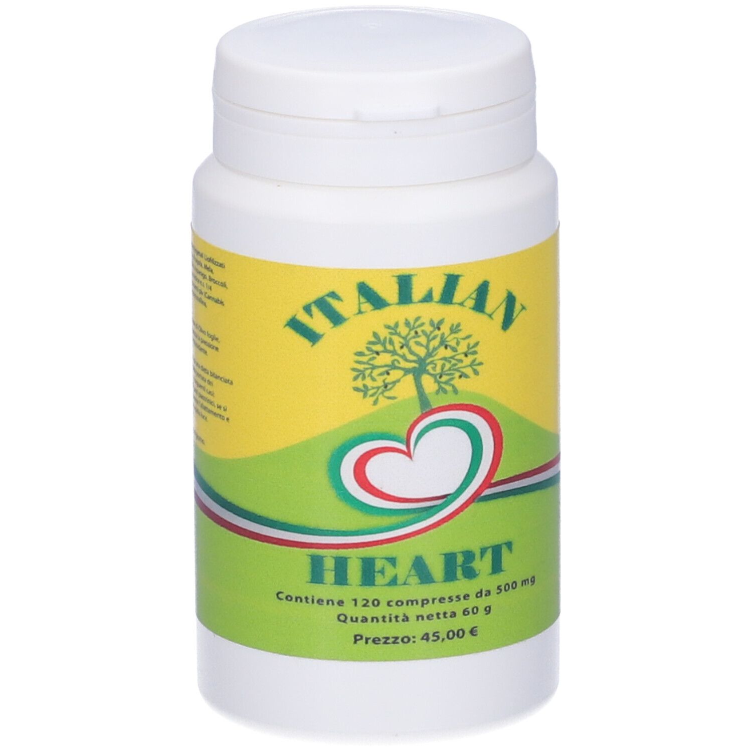 Flacone di compresse bianco con etichetta gialla. Scritta: ITALIAN HEART. Contiene 120 compresse. Prezzo: 45,00 €.