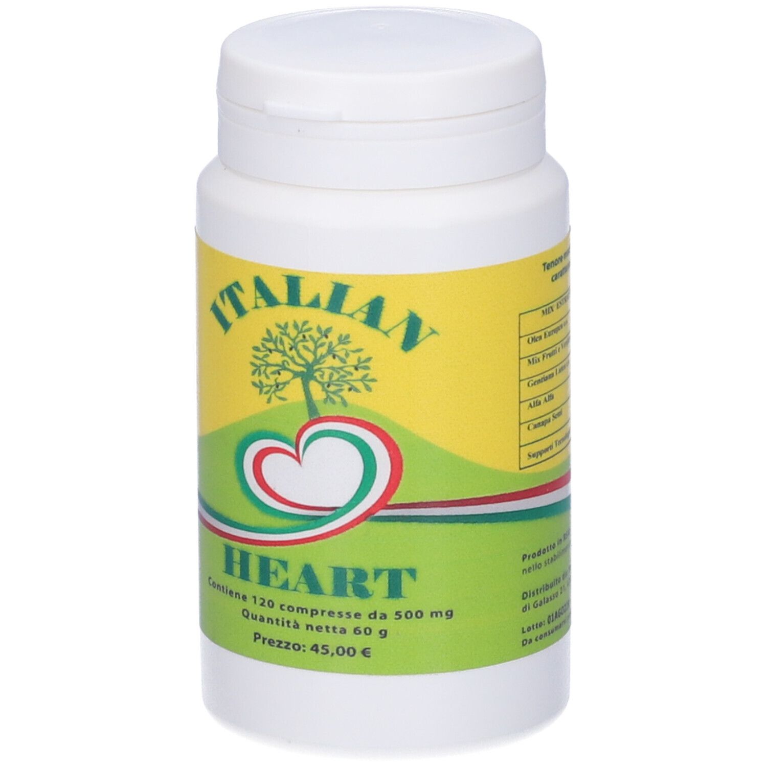 Flacone di compresse bianco con etichetta gialla. Scritta: ITALIAN HEART. Contiene 120 compresse. Prezzo: 45,00 €.