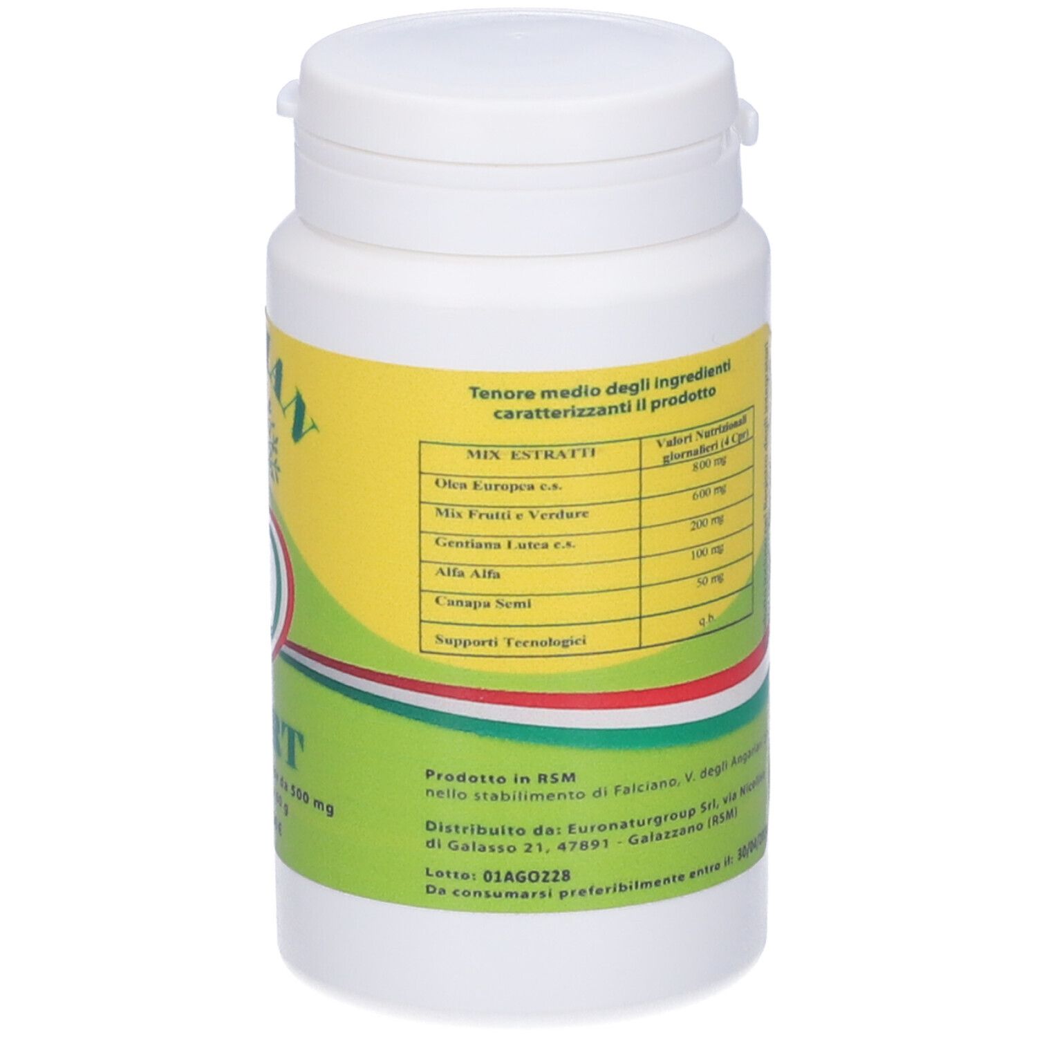 Retro del flacone di compresse. Etichetta gialla con ingredienti e informazioni nutrizionali.