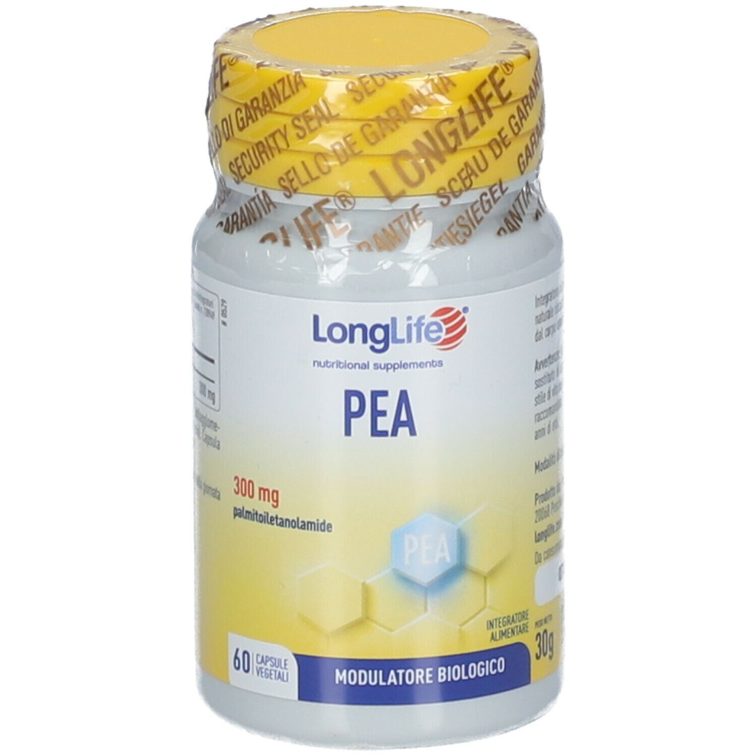 Flacone bianco con tappo giallo e sigillo. Scritta: LongLife PEA 300 mg. 60 capsule.