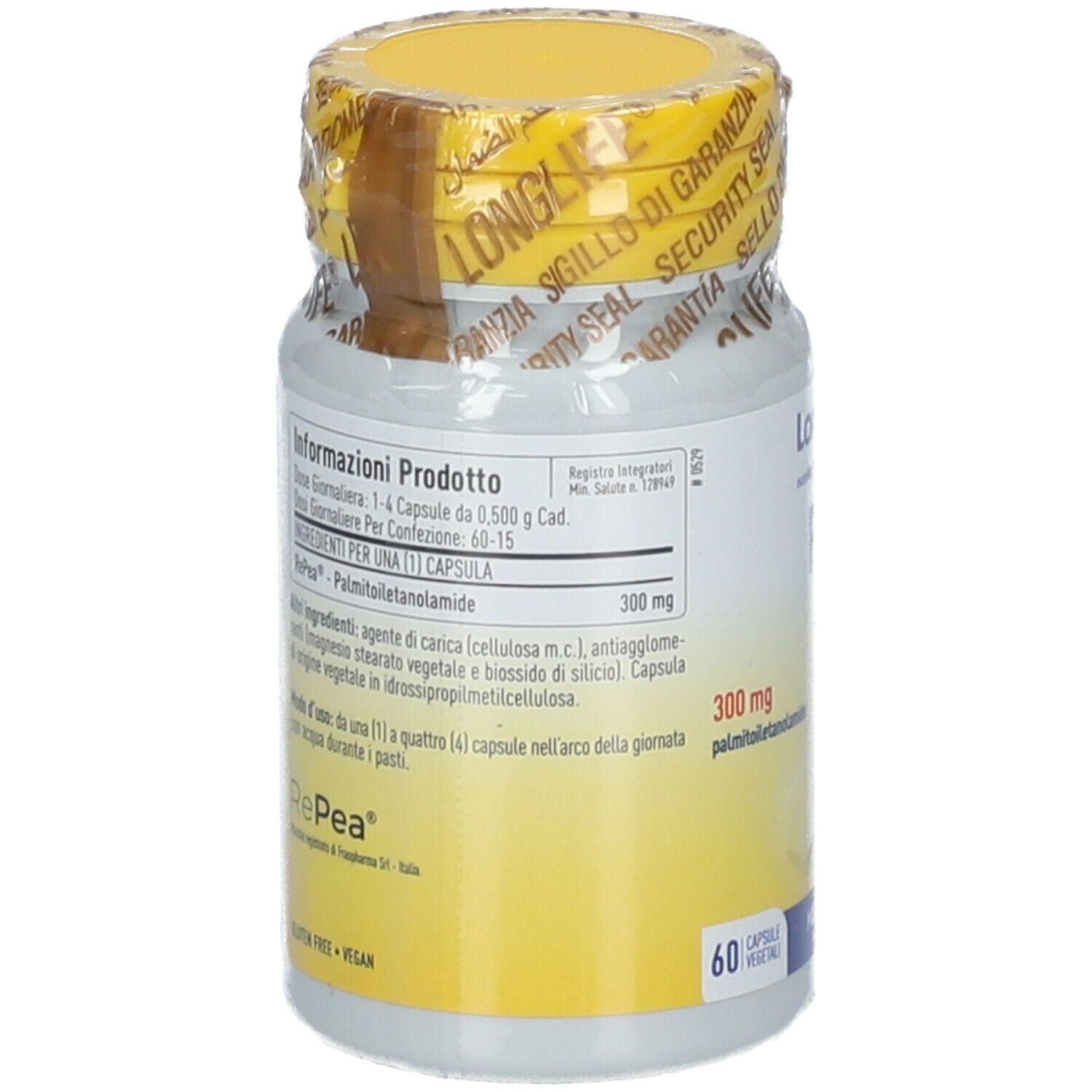 Retro del flacone. Informazioni sul prodotto. Scritta: PEA 300 mg. 60 capsule.