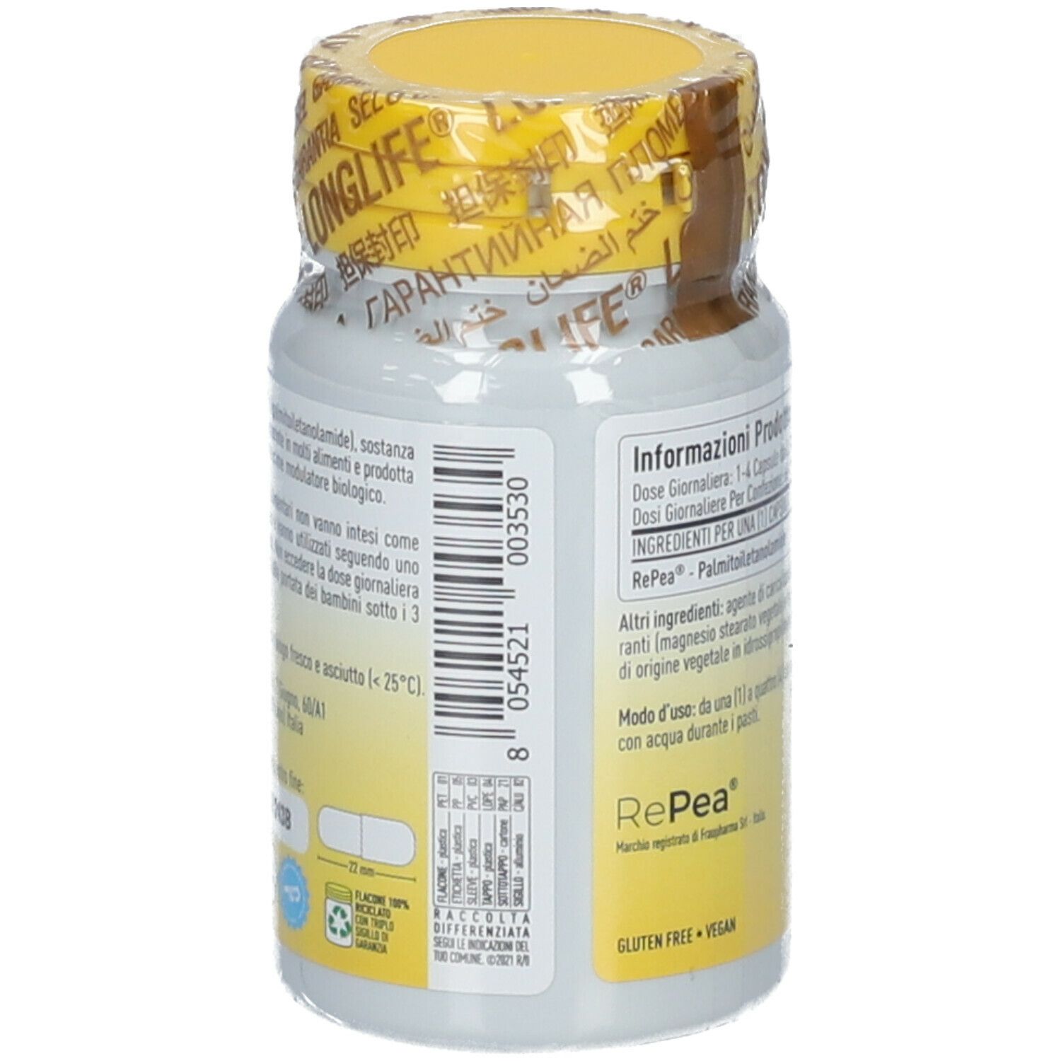 Retro del flacone. Informazioni sul prodotto. Scritta: PEA 300 mg. 60 capsule.