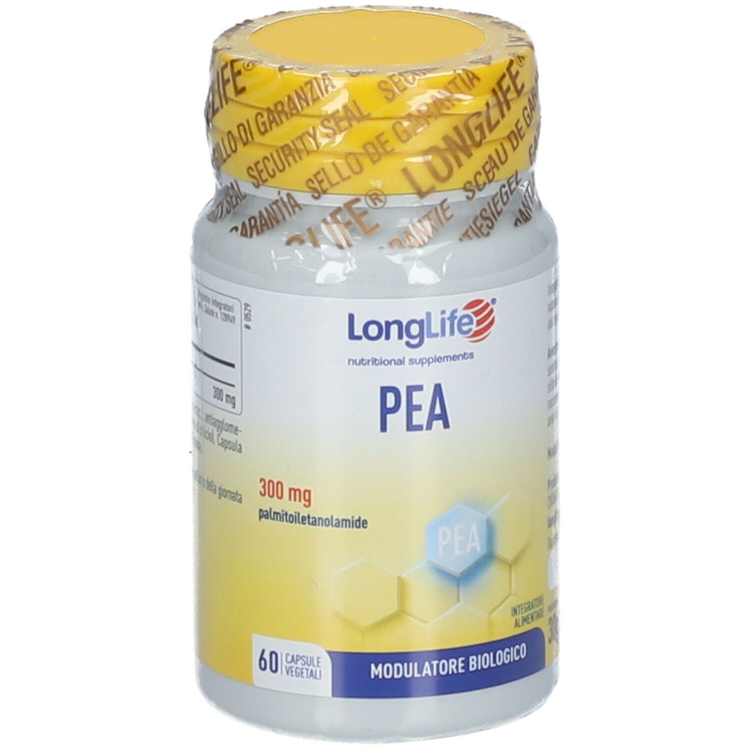 Flacone bianco con tappo giallo e sigillo. Scritta: LongLife PEA 300 mg. 60 capsule.