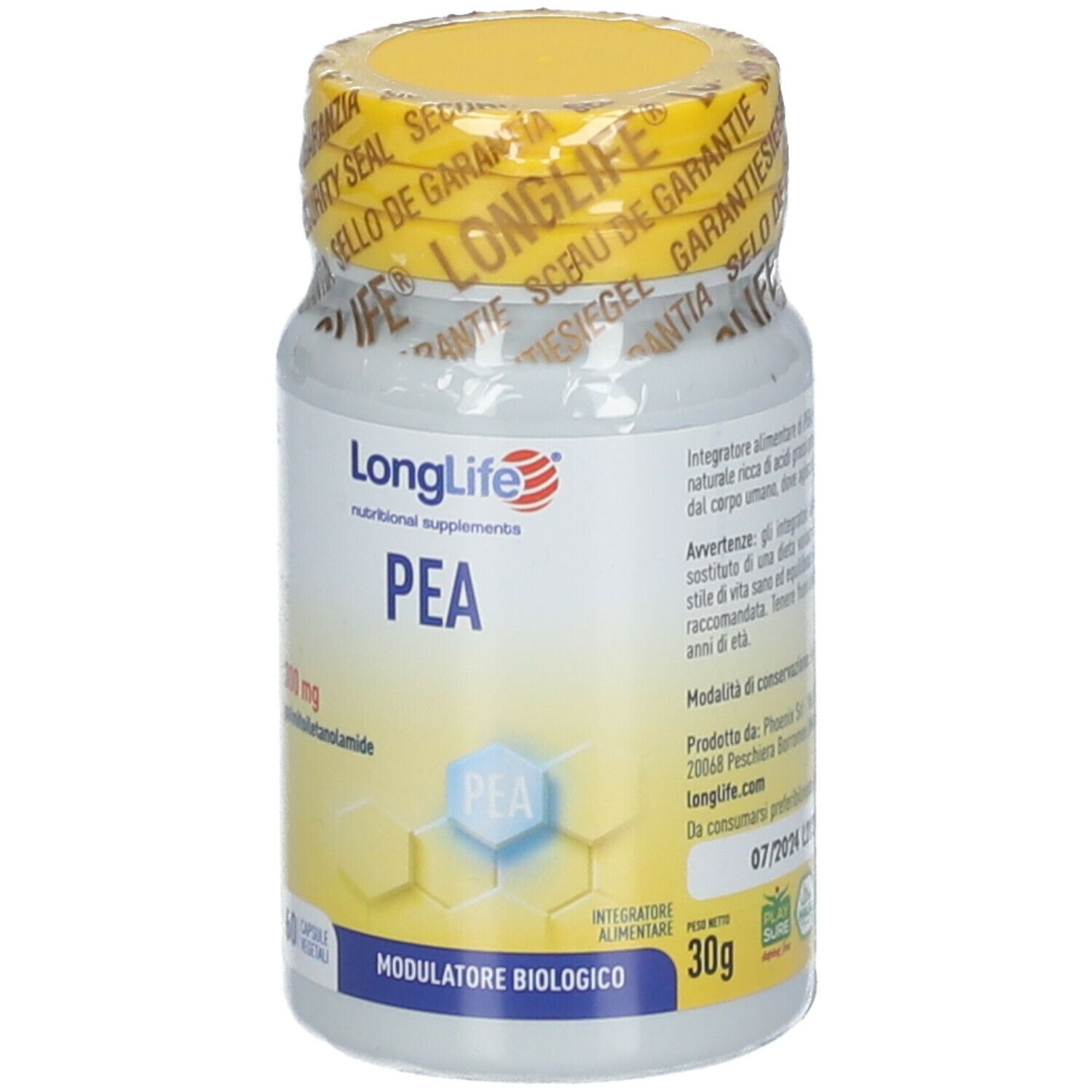 Flacone bianco con tappo giallo e sigillo. Scritta: LongLife PEA 300 mg. 60 capsule.