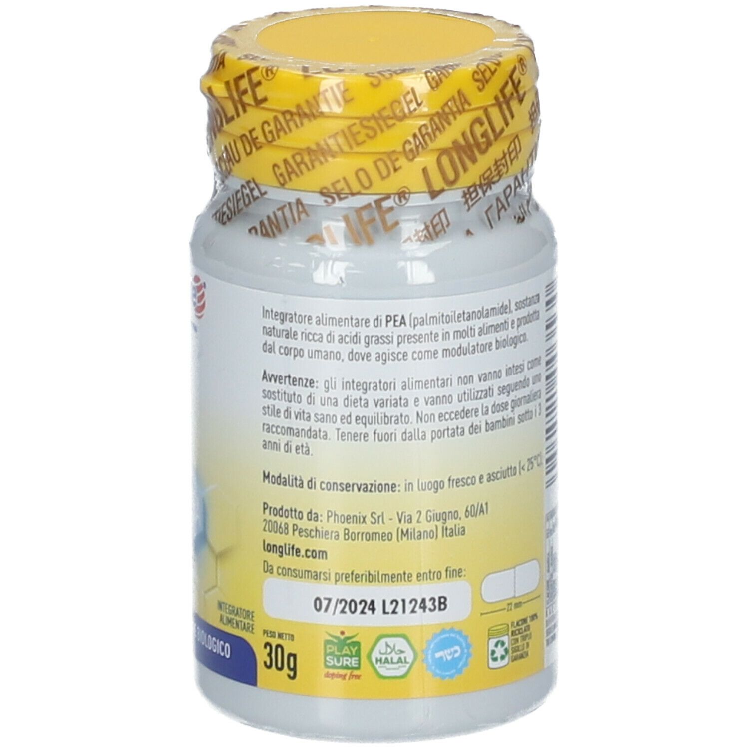 Retro del flacone. Informazioni sul prodotto. Scritta: PEA 300 mg. 60 capsule.