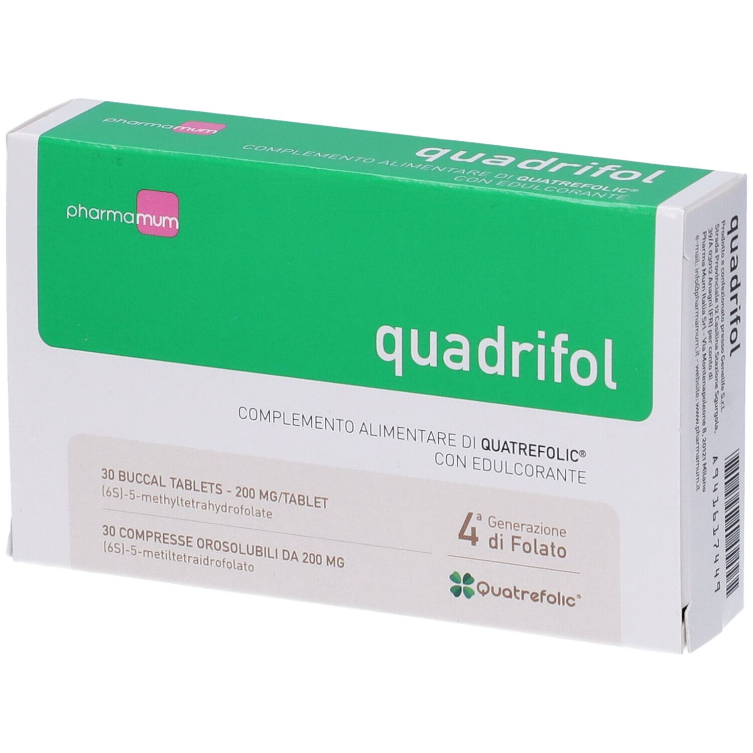 Scatola di compresse Quadrifol. Confezione verde e bianca con nome e logo del prodotto. Contiene 30 compresse.