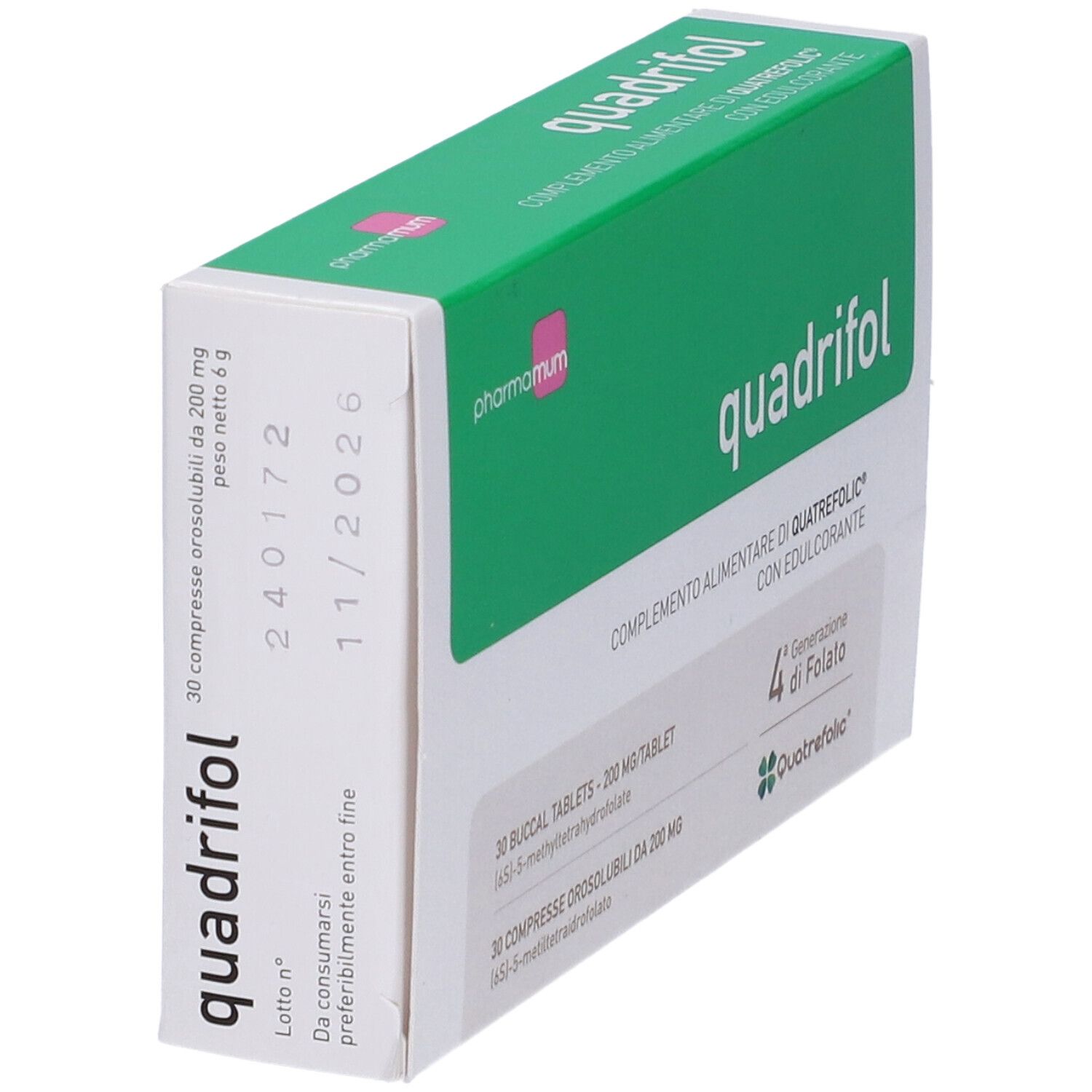 Scatola Quadrifol, parte superiore verde, lati bianchi. Nome e logo del prodotto visibili. Contiene 30 compresse.