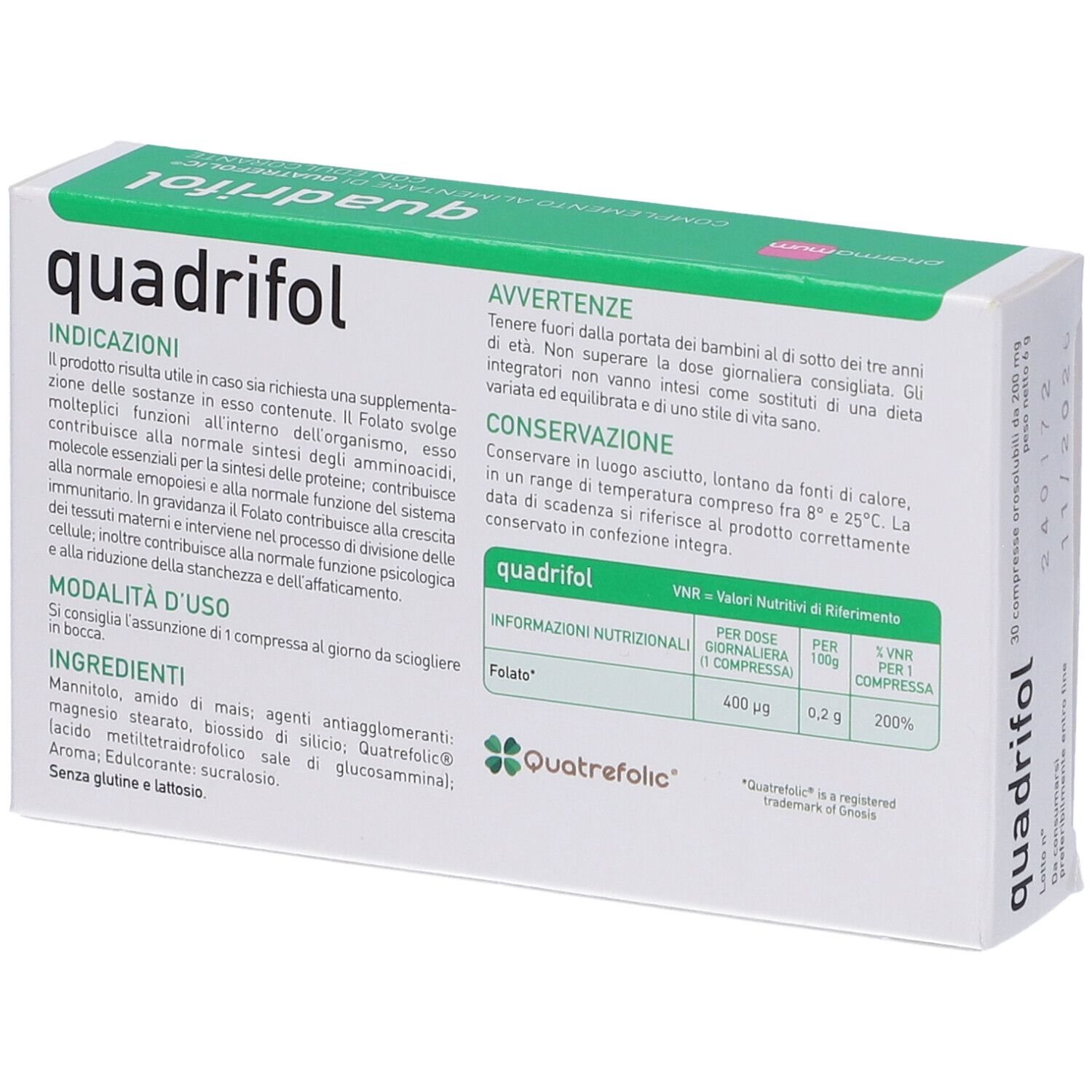 Scatola Quadrifol con informazioni sul prodotto. Contiene ingredienti, avvertenze e informazioni nutrizionali. Verde e bianco.