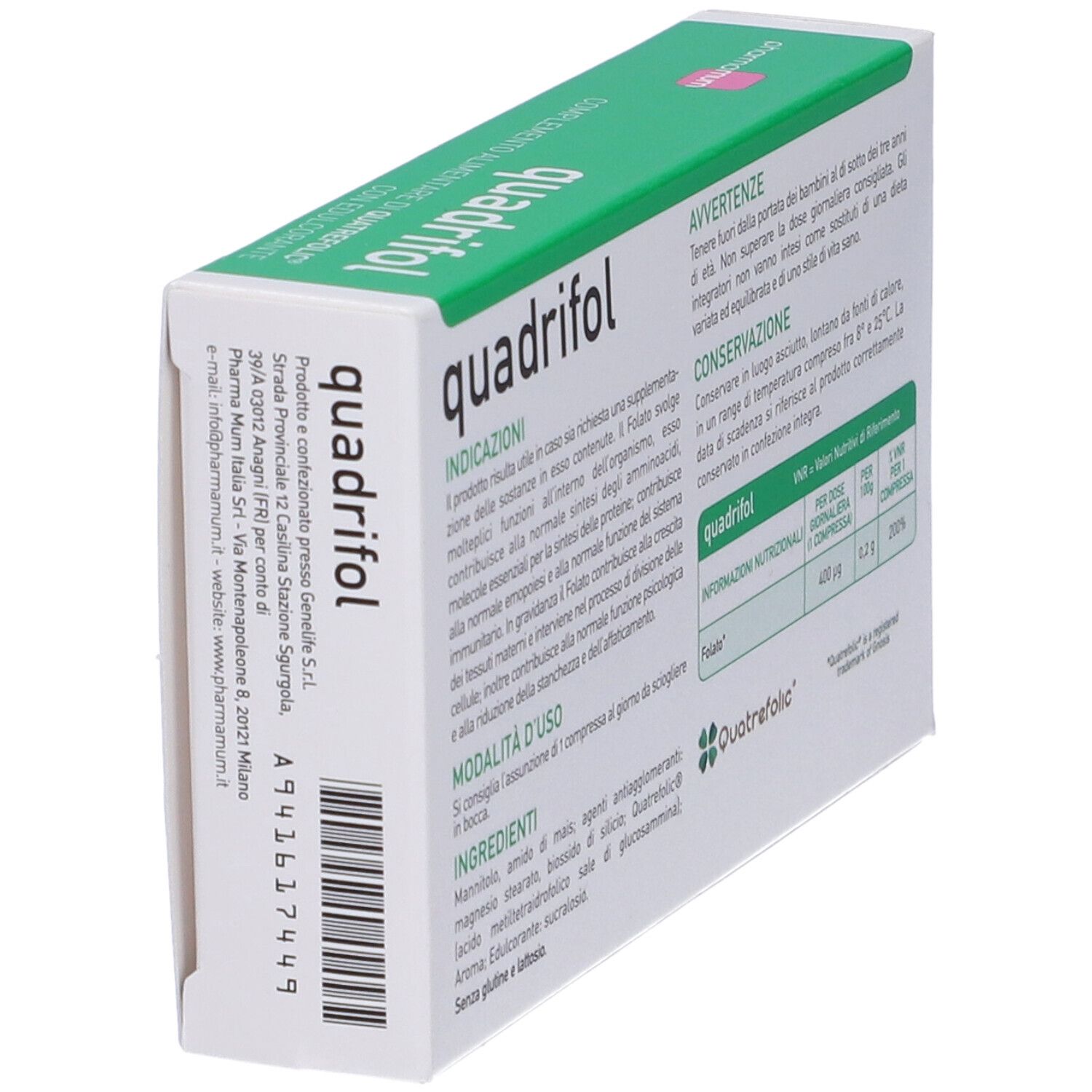 Scatola Quadrifol, vista laterale con informazioni sul prodotto. Contiene ingredienti, avvertenze e informazioni nutrizionali.