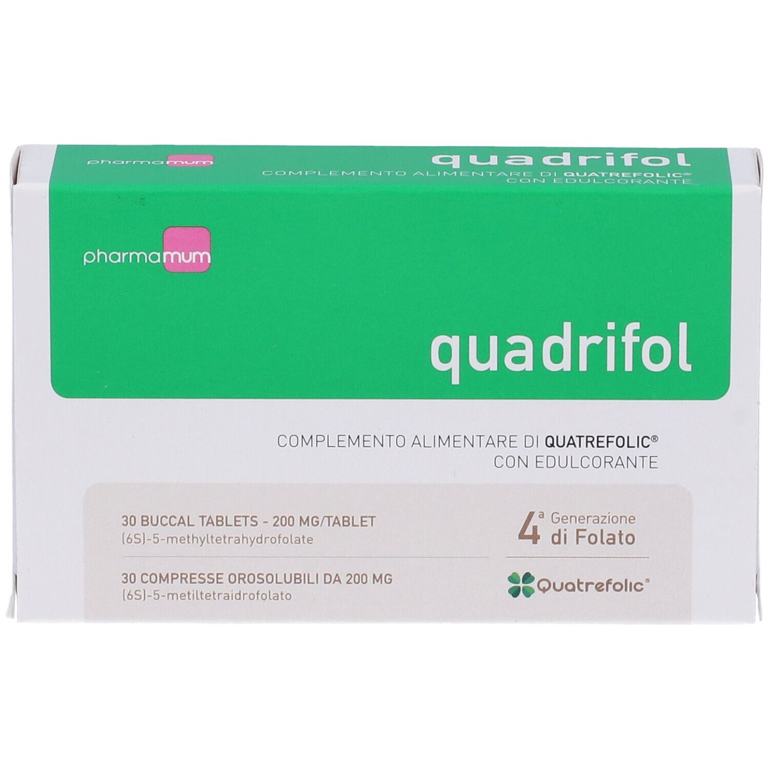 Scatola Quadrifol, parte superiore verde con nome e logo del prodotto. Contiene 30 compresse, 200mg/compressa.