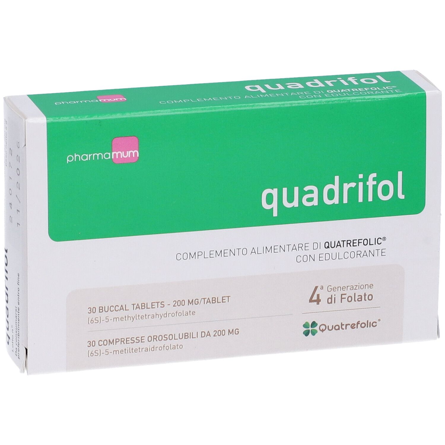 Scatola Quadrifol, parte superiore verde con nome e logo del prodotto. Contiene 30 compresse, 200mg/compressa.