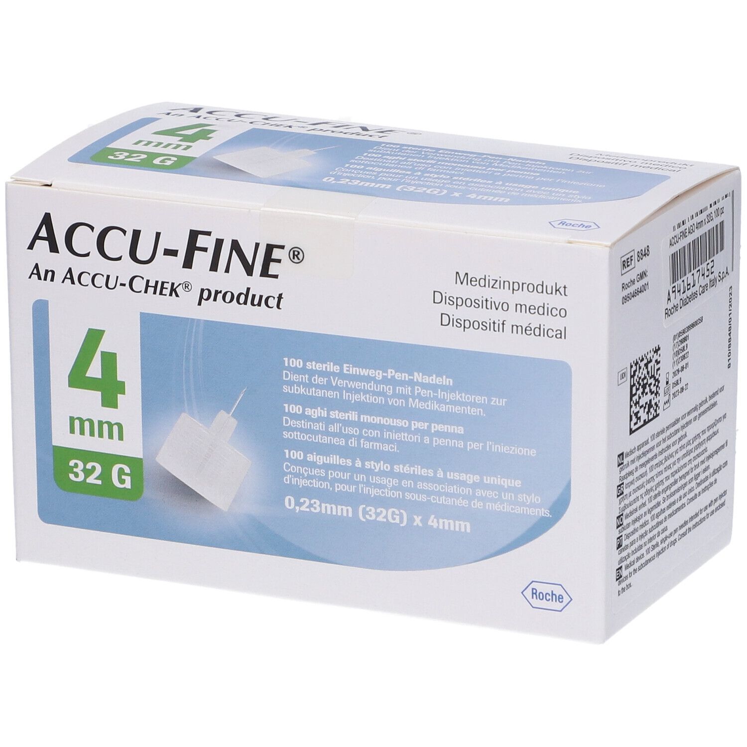 Scatola ACCU-FINE® Aghi Sterili. 4 mm, 32 G. Dispositivo medico. Contiene 100 aghi sterili monouso per penna.