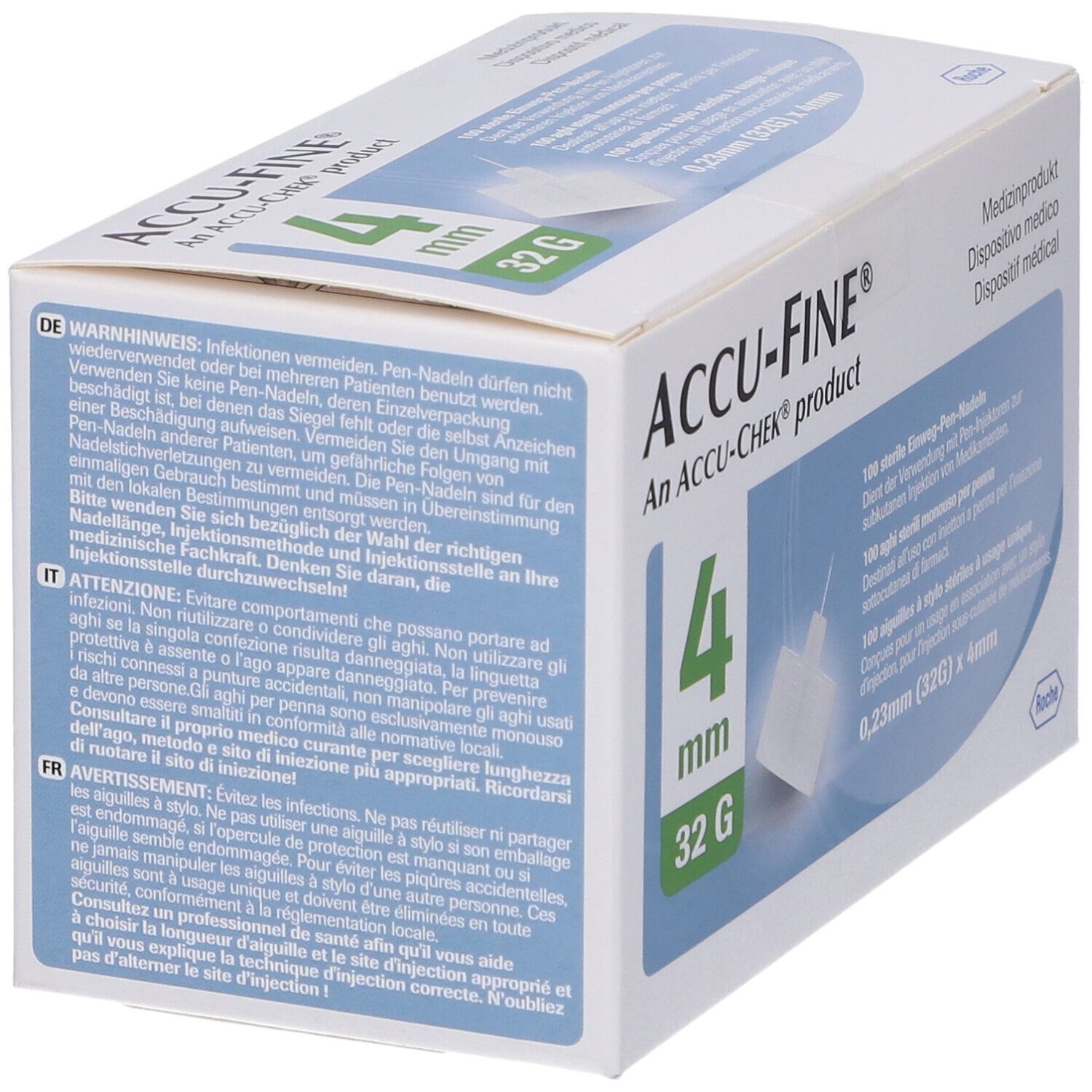 Scatola ACCU-FINE® Aghi Sterili. Avvertenze in italiano. 4 mm, 32 G. Dispositivo medico.