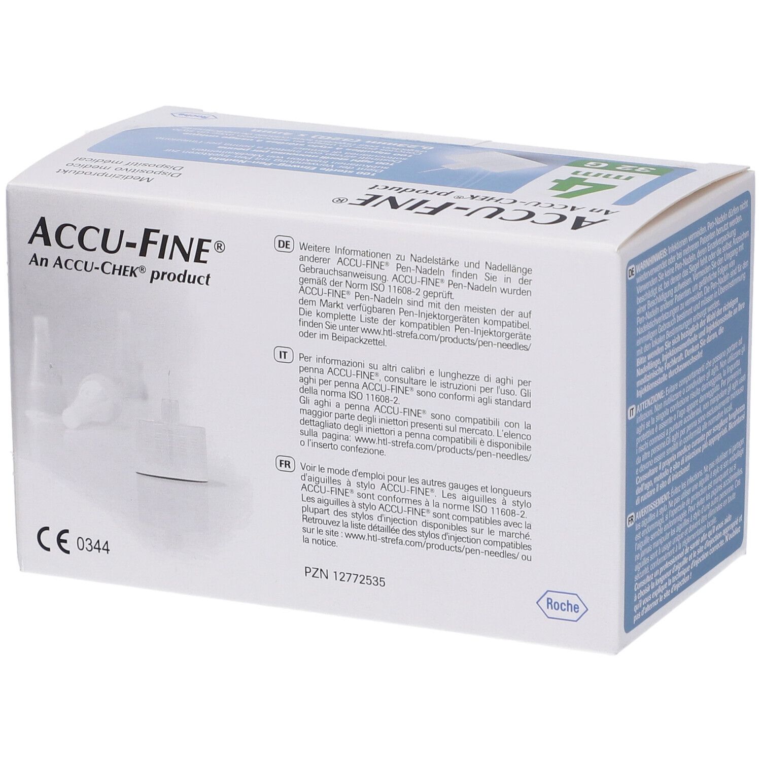 Retro della scatola ACCU-FINE® Aghi Sterili. Informazioni sugli aghi e compatibilità.