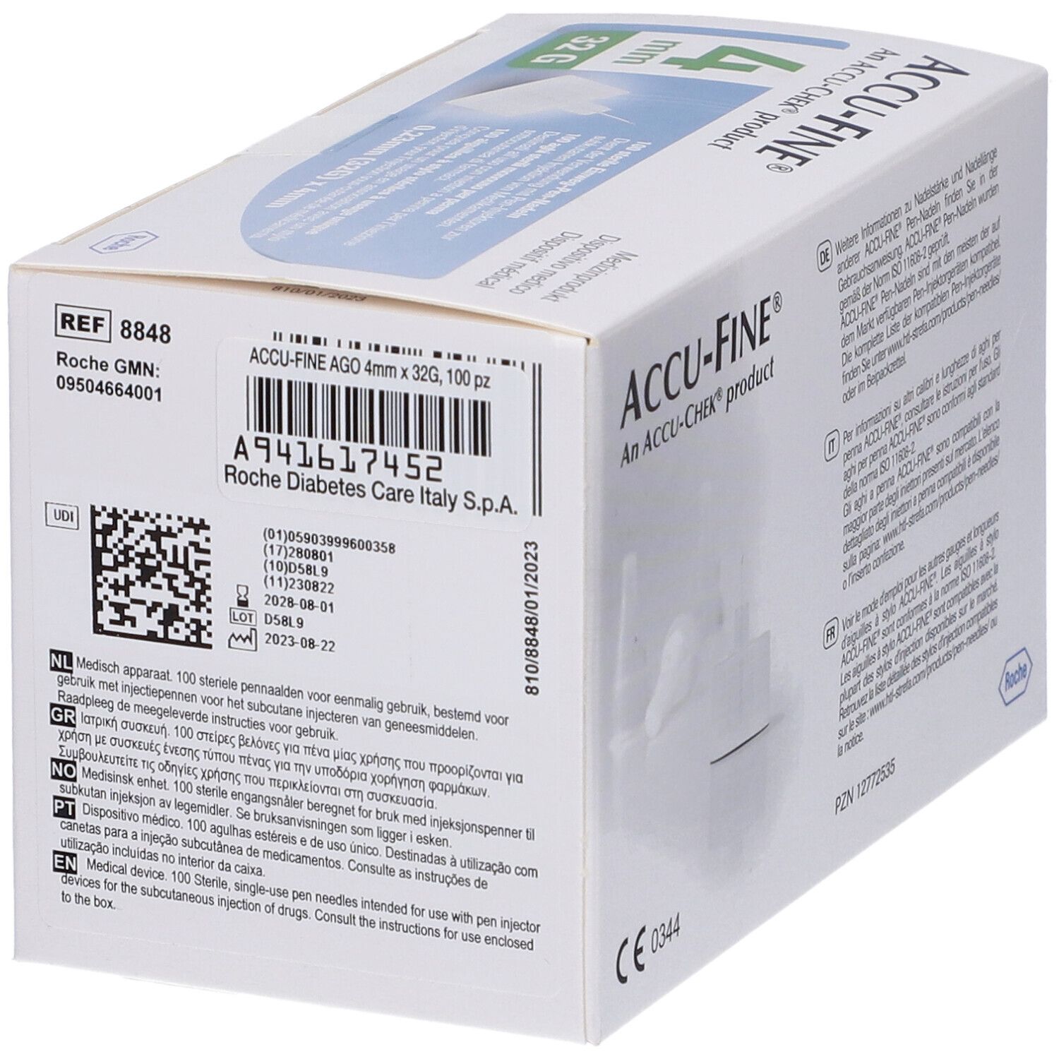 Scatola ACCU-FINE® Aghi Sterili. Contiene 100 pezzi. Numero di riferimento e lotto.