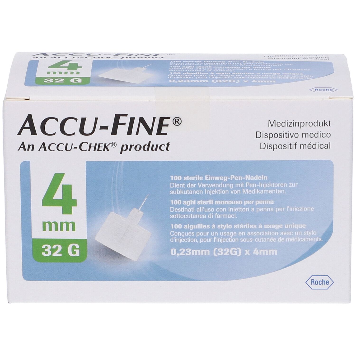 Scatola ACCU-FINE® Aghi Sterili. 4 mm, 32 G. Dispositivo medico. Contiene 100 aghi sterili monouso per penna.