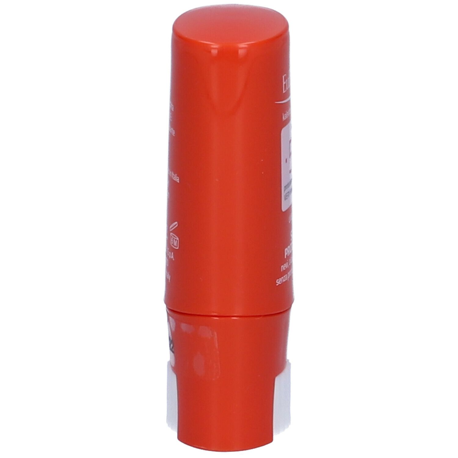 Stick solare rosso. Retro con informazioni sul prodotto. Applicatore bianco.