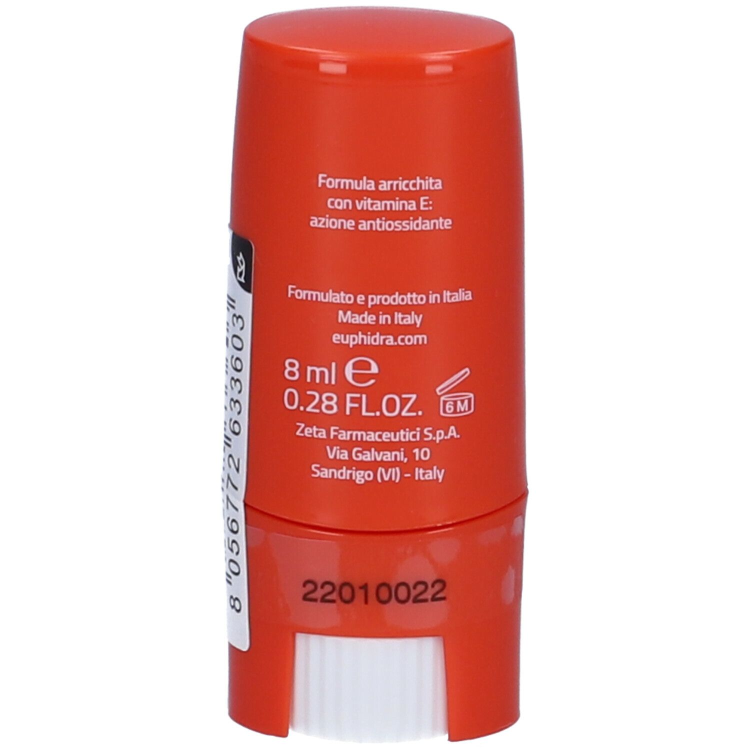 Stick solare rosso. Retro con informazioni sul prodotto, ingredienti e indirizzo del produttore.
