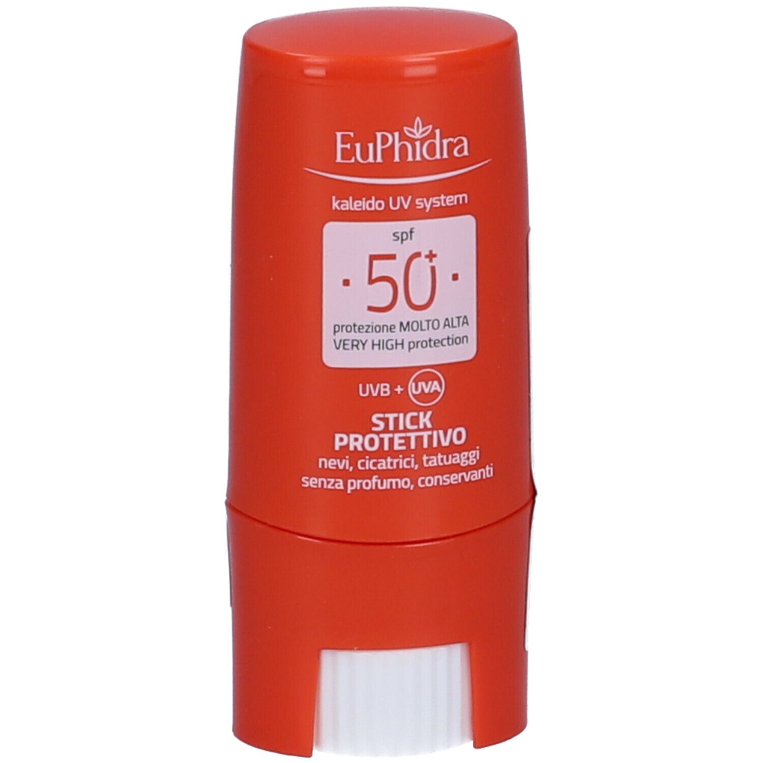 Stick solare rosso con applicatore bianco. Scritta: EuPhidra, SPF 50+, Stick Protettivo.