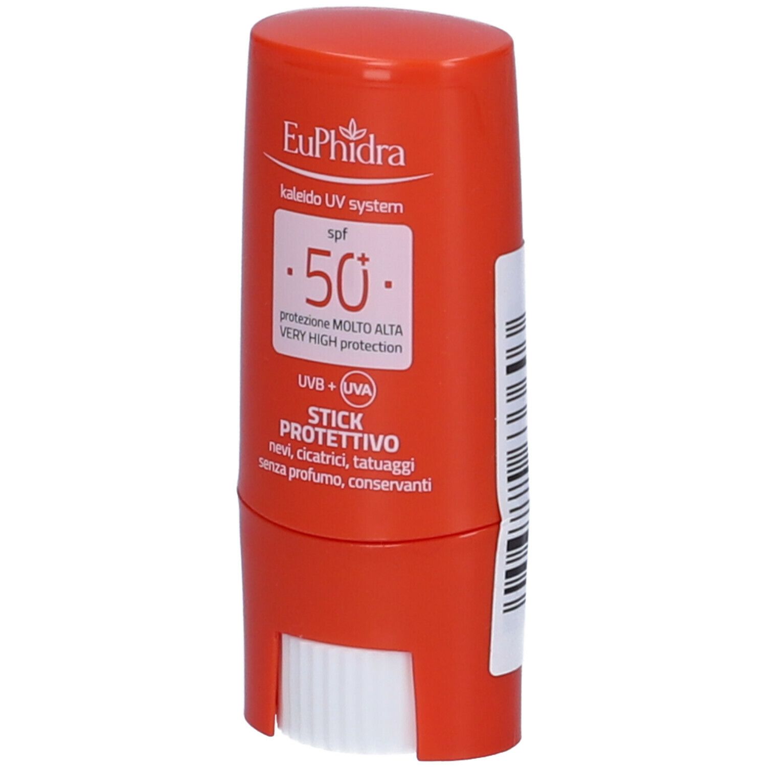 Stick solare rosso con applicatore bianco. Scritta: EuPhidra, SPF 50+, Stick Protettivo.