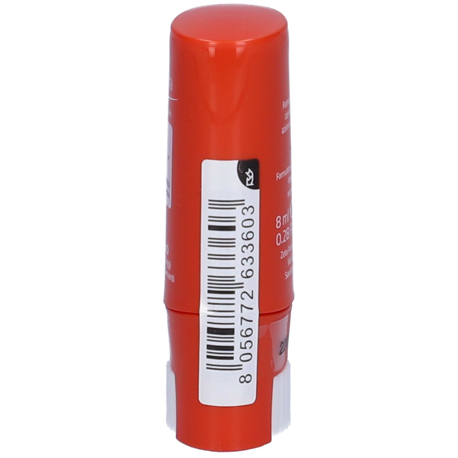 Stick solare rosso. Retro con informazioni sul prodotto e codice a barre. Applicatore bianco.